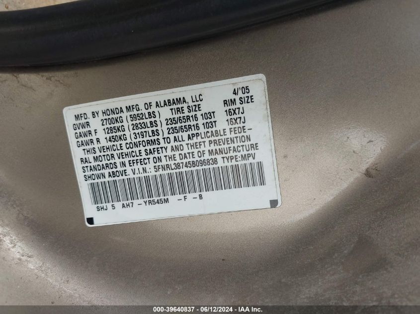 2005 Honda Odyssey Ex-L VIN: 5FNRL38745B096838 Lot: 39640837