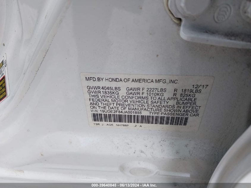 2018 Acura Ilx Premium A-Spec Packages/Technology Plus A-Spec Packages VIN: 19UDE2F84JA001855 Lot: 39640845