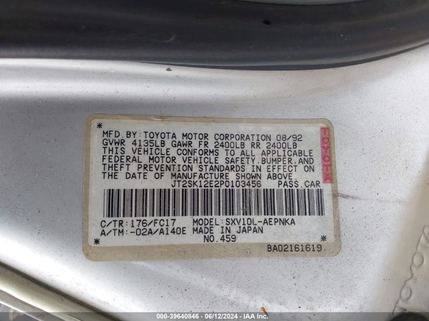 1993 Toyota Camry Le VIN: JT2SK12E2P0103456 Lot: 39640846