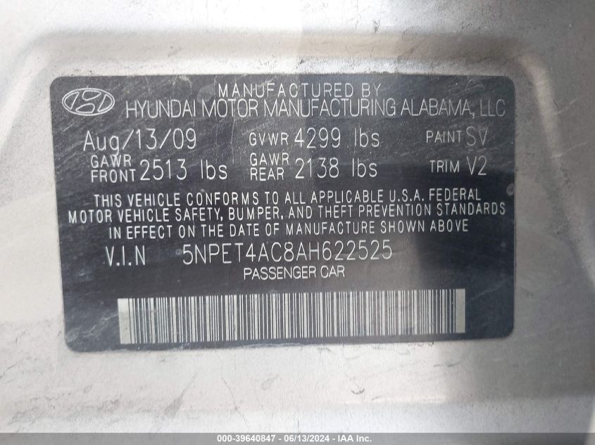 5NPET4AC8AH622525 2010 Hyundai Sonata Gls