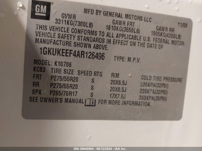 2010 GMC Yukon Denali VIN: 1GKUKEEF4AR126496 Lot: 39640854