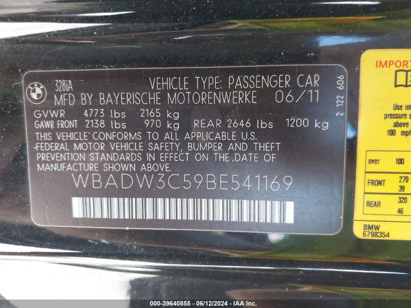 2011 BMW 328I VIN: WBADW3C59BE541169 Lot: 39640855
