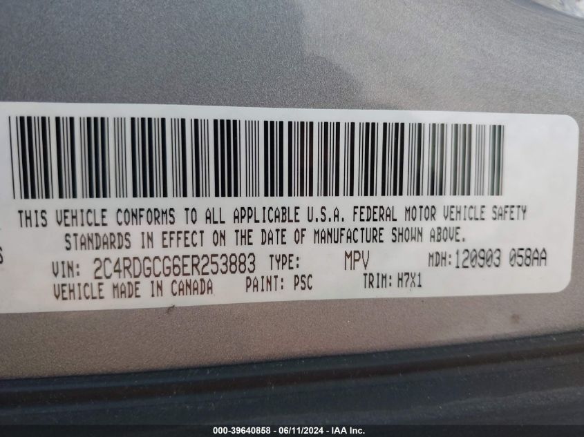 2014 Dodge Grand Caravan Sxt/Sxt 30Th Anniversary VIN: 2C4RDGCG6ER253883 Lot: 39640858