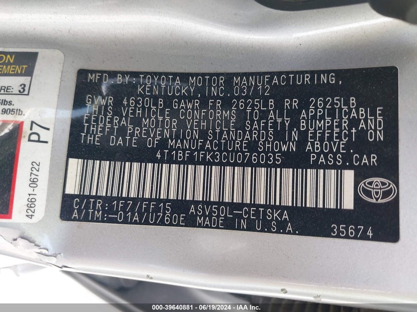 2012 Toyota Camry Se VIN: 4T1BF1FK3CU076035 Lot: 39640881