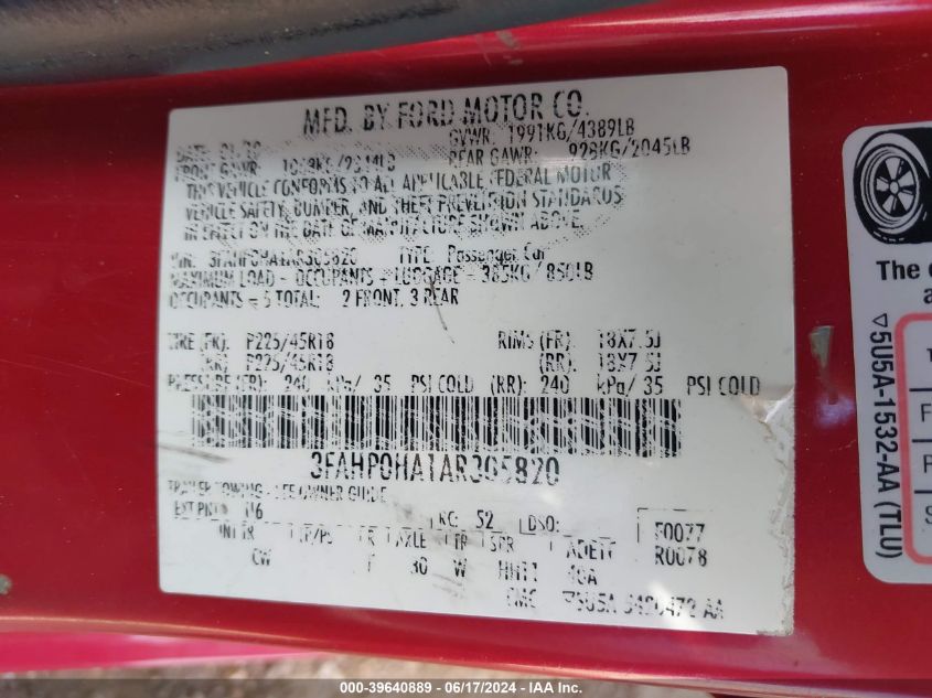 2010 Ford Fusion Se VIN: 3FAHP0HA1AR305820 Lot: 39640889