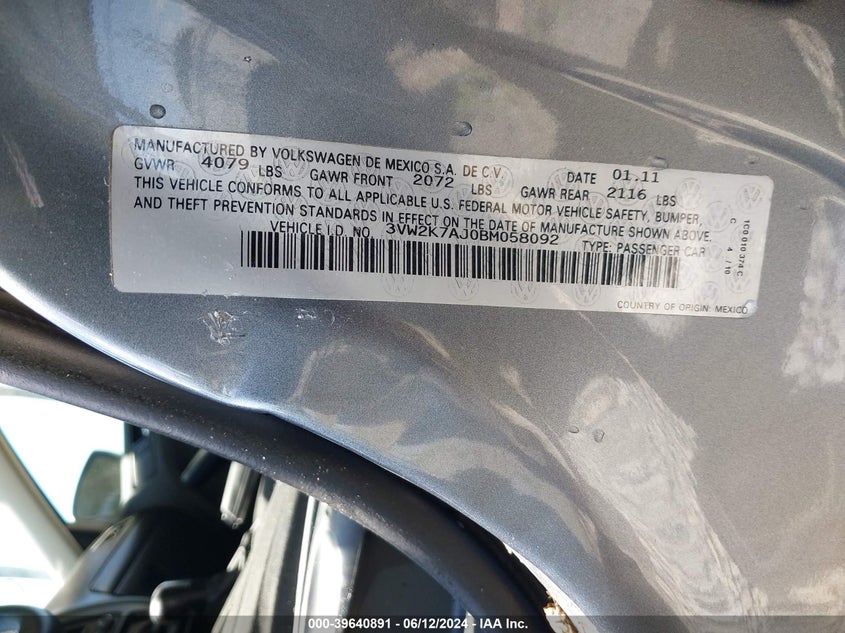 2011 Volkswagen Jetta 2.0L S VIN: 3VW2K7AJ0BM058092 Lot: 39640891