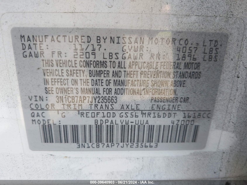 2018 Nissan Sentra Nismo VIN: 3N1CB7AP7JY235663 Lot: 39640903