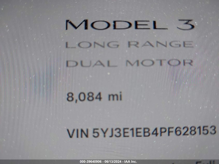 2023 Tesla Model 3 Long Range Dual Motor All-Wheel Drive VIN: 5YJ3E1EB4PF628153 Lot: 39640906