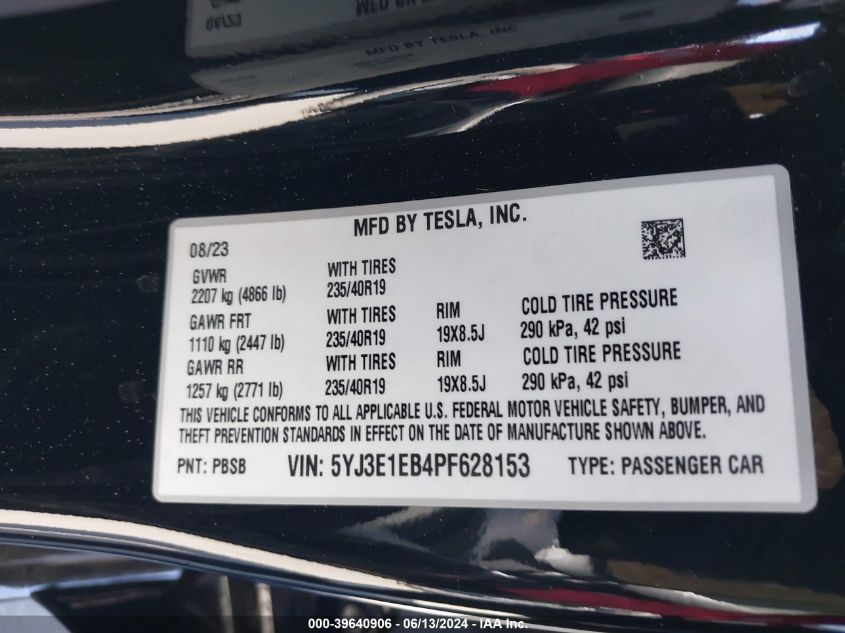 2023 Tesla Model 3 Long Range Dual Motor All-Wheel Drive VIN: 5YJ3E1EB4PF628153 Lot: 39640906