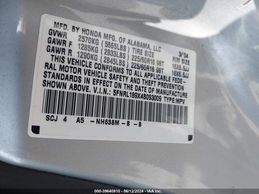 2004 Honda Odyssey Ex-L VIN: 5FNRL189X4B093009 Lot: 39640910