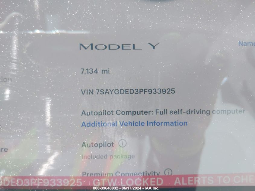 2023 Tesla Model Y Rwd VIN: 7SAYGDED3PF933925 Lot: 39640932