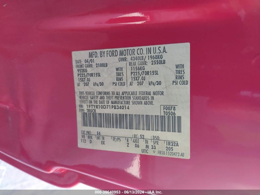 2001 Ford Ranger Xl/Xlt VIN: 1FTYR10D71PB34014 Lot: 39640953