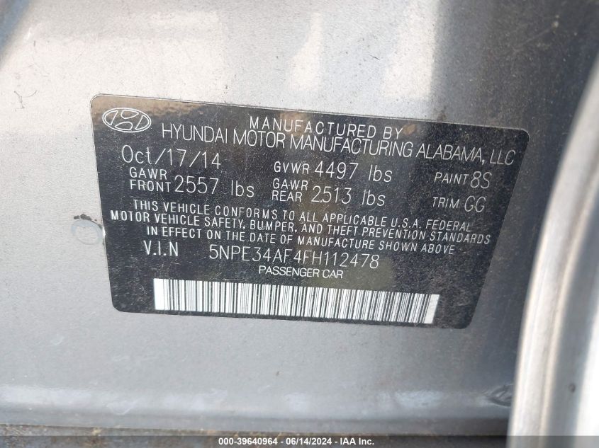 2015 Hyundai Sonata Limited VIN: 5NPE34AF4FH112478 Lot: 39640964