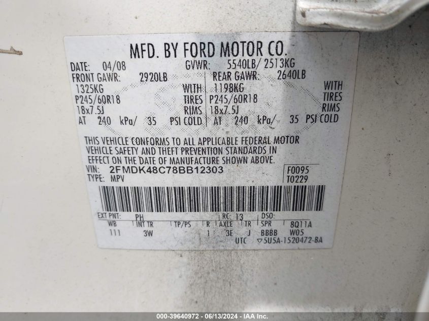 2008 Ford Edge Sel VIN: 2FMDK48C78BB12303 Lot: 39640972