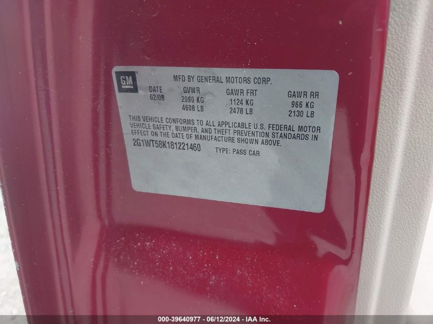 2008 Chevrolet Impala Lt VIN: 2G1WT58K181221460 Lot: 39640977
