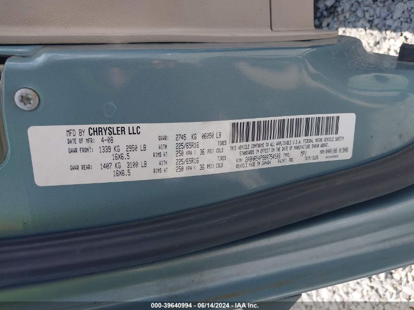 2008 Chrysler Town & Country Touring VIN: 2A8HR54P98R754506 Lot: 39640994