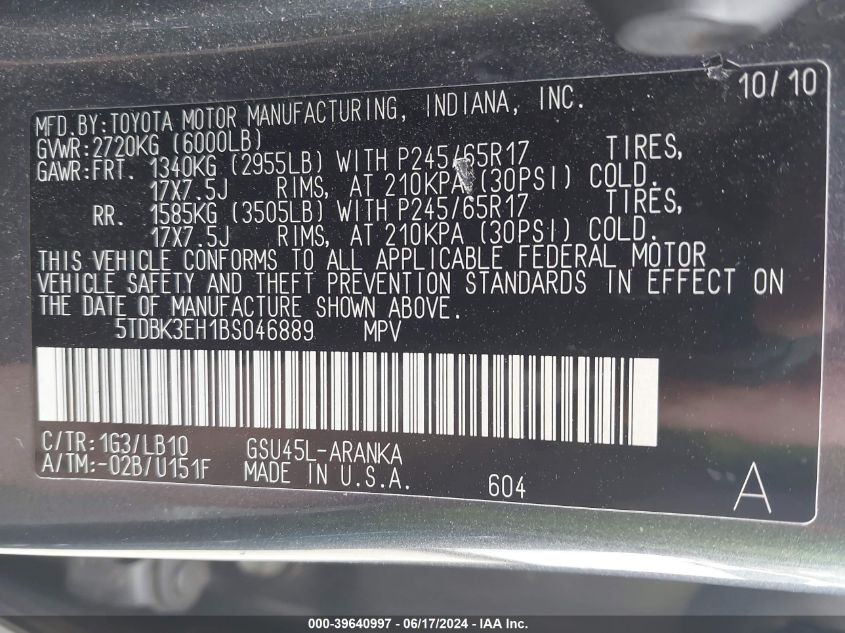 2011 Toyota Highlander Se V6 VIN: 5TDBK3EH1BS046889 Lot: 39640997