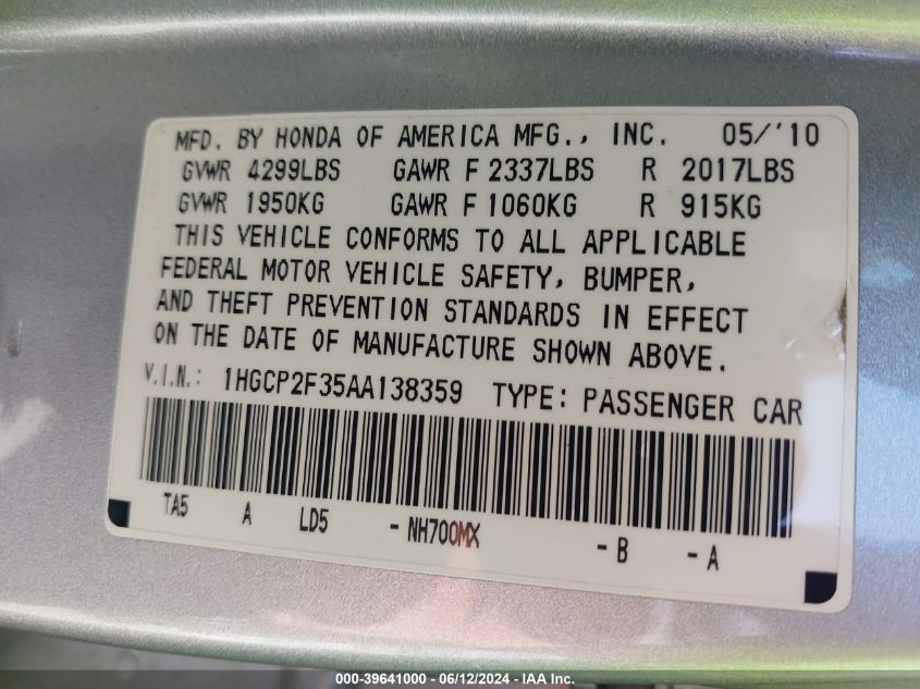 2010 Honda Accord 2.4 Lx VIN: 1HGCP2F35AA138359 Lot: 39641000