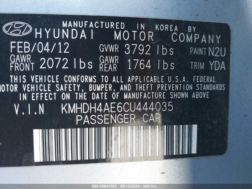 2012 Hyundai Elantra Gls (Ulsan Plant) VIN: KMHDH4AE6CU444035 Lot: 39641002