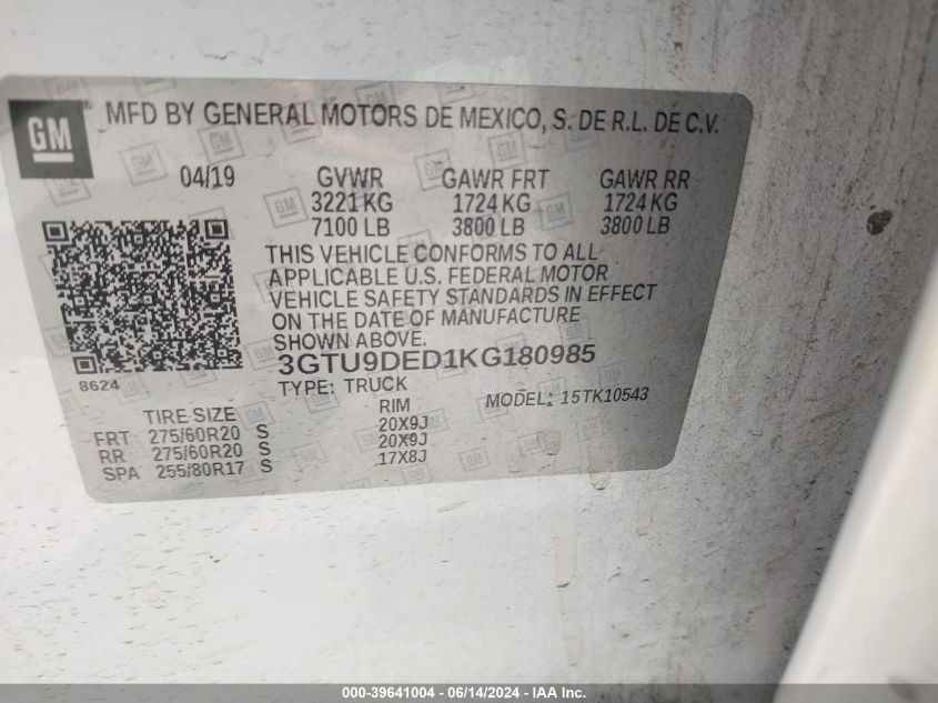 2019 GMC Sierra 1500 Slt VIN: 3GTU9DED1KG180985 Lot: 39641004