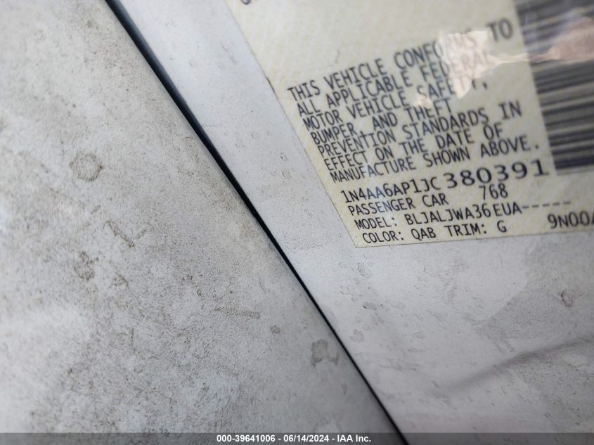 2018 Nissan Maxima 3.5 Sv VIN: 1N4AA6AP1JC380391 Lot: 39641006