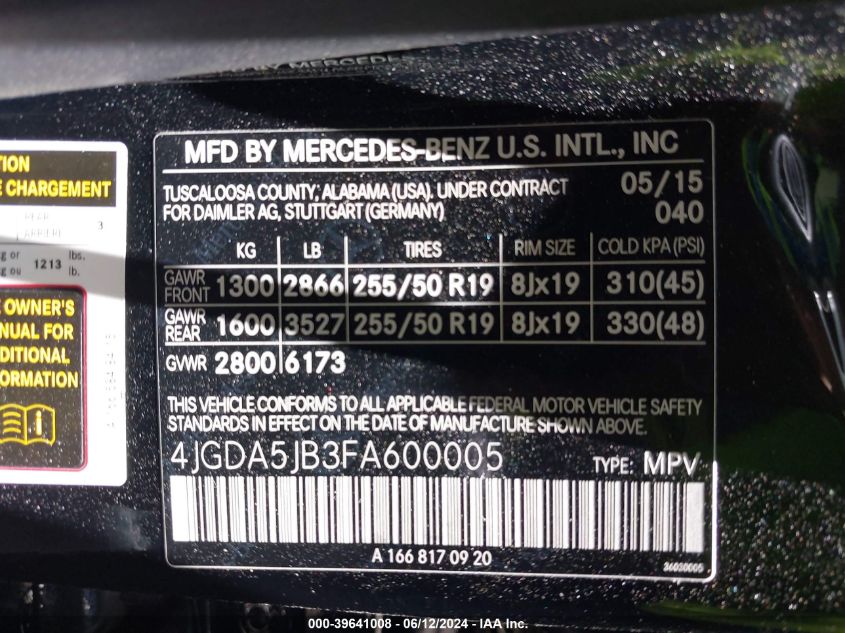 2015 Mercedes-Benz Ml 350 VIN: 4JGDA5JB3FA600005 Lot: 39641008