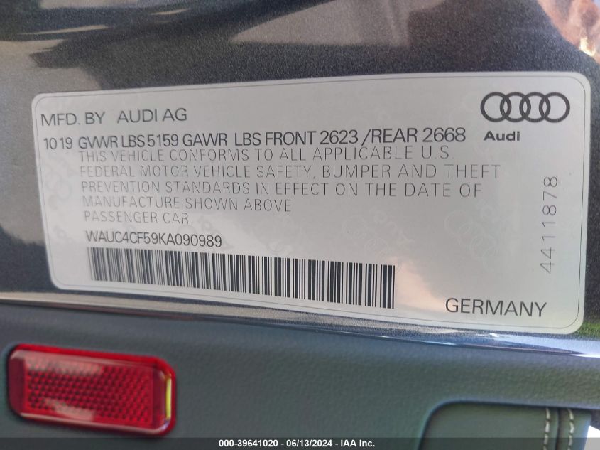 2019 Audi S5 3.0T Premium VIN: WAUC4CF59KA090989 Lot: 39641020