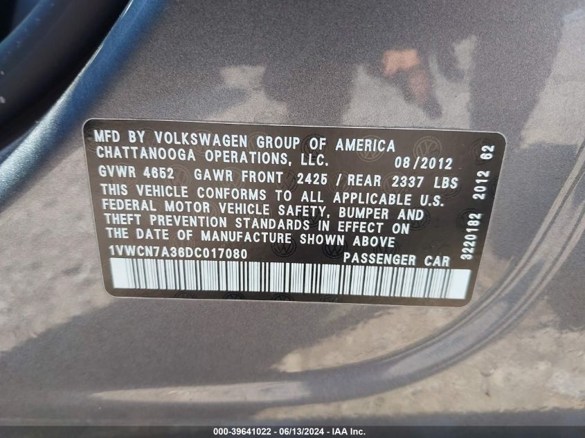 2013 Volkswagen Passat 2.0L Tdi Sel Premium VIN: 1VWCN7A36DC017080 Lot: 39641022