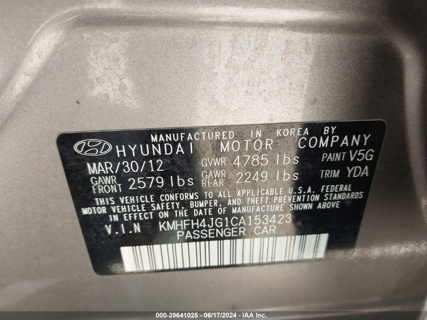 KMHFH4JG1CA153423 2012 Hyundai Azera