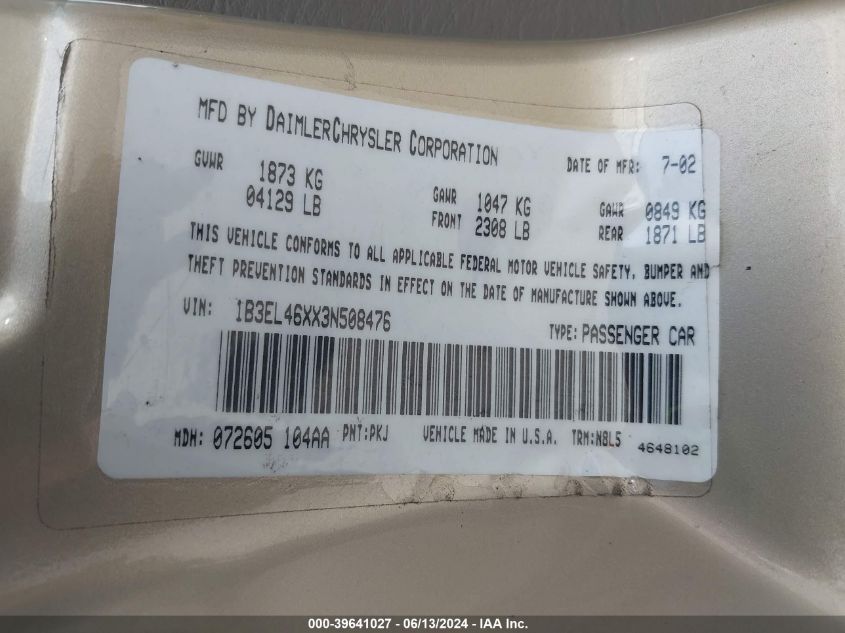 2003 Dodge Stratus Sxt VIN: 1B3EL46XX3N508476 Lot: 39641027