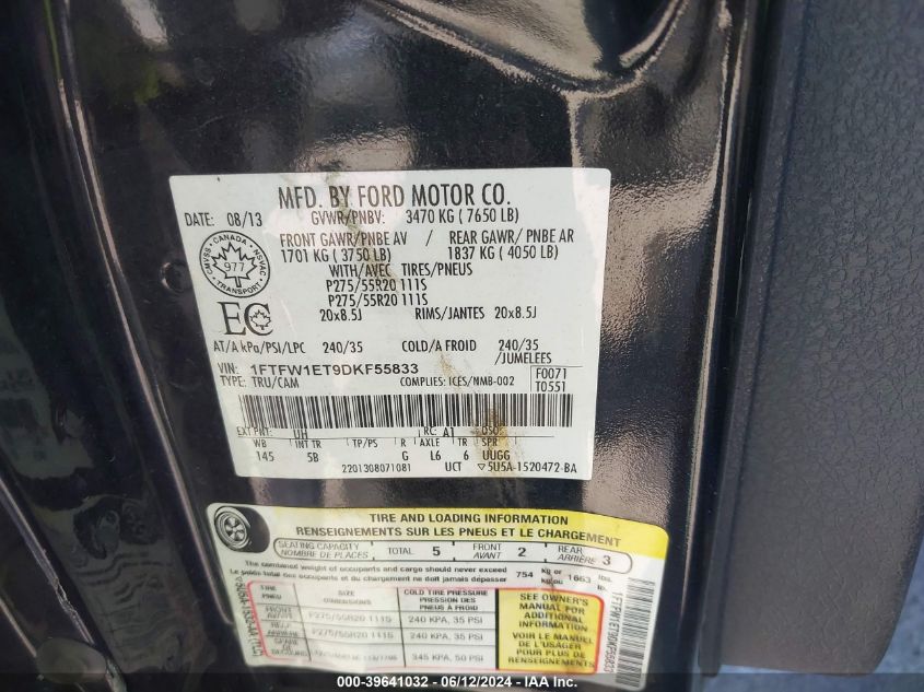 2013 Ford F-150 Fx4 VIN: 1FTFW1ET9DKF55833 Lot: 39641032