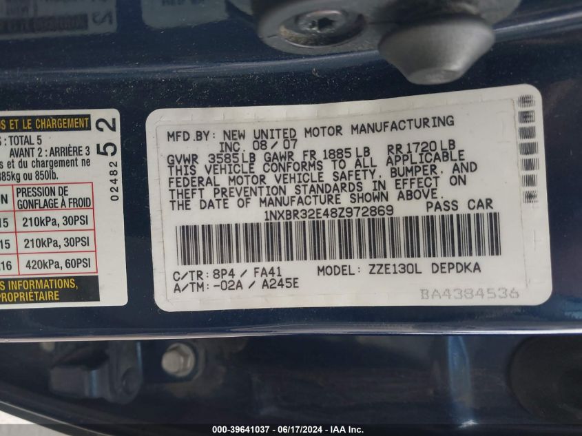 2008 Toyota Corolla Ce VIN: 1NXBR32E48Z972869 Lot: 39641037