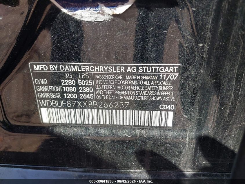 2008 Mercedes-Benz E 350 4Matic VIN: WDBUF87XX8B266237 Lot: 39641038