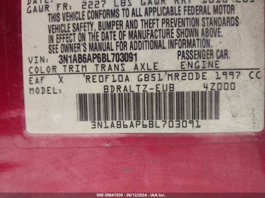 2011 Nissan Sentra 2.0Sr VIN: 3N1AB6AP6BL703091 Lot: 39641039