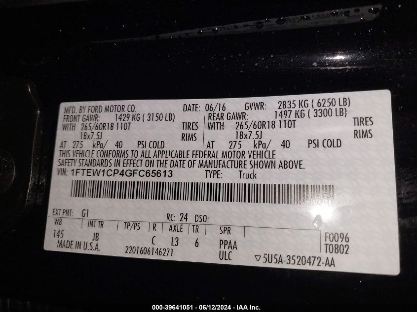 2016 Ford F-150 Xlt VIN: 1FTEW1CP4GFC65613 Lot: 39641051