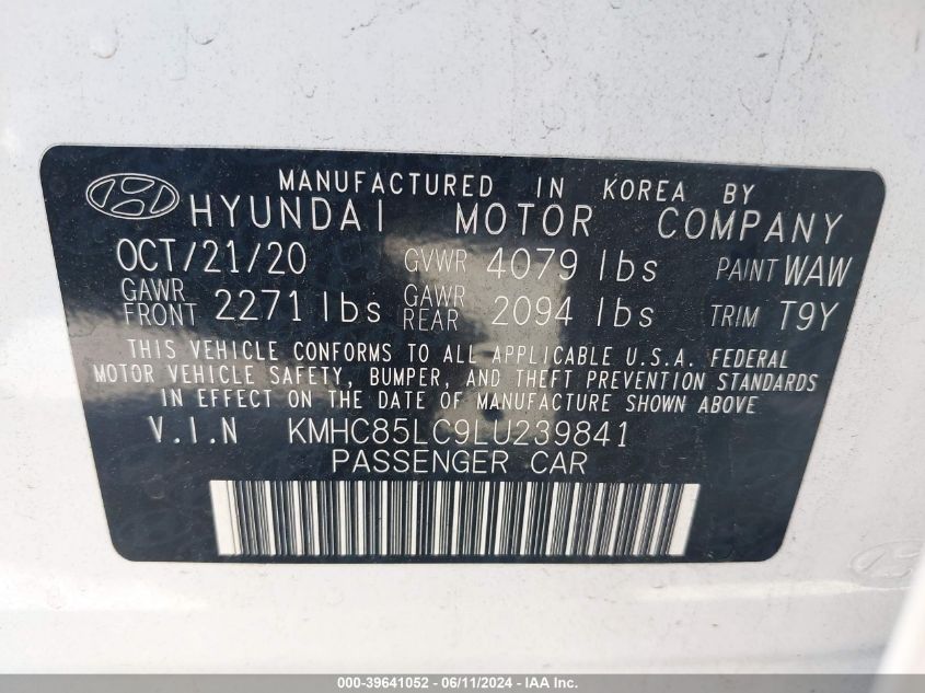 2020 Hyundai Ioniq Hybrid Sel VIN: KMHC85LC9LU239841 Lot: 39641052