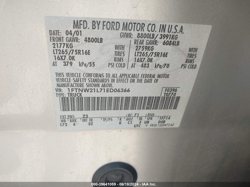 2001 Ford F-250 Lariat/Xl/Xlt VIN: 1FTNW21L71ED06366 Lot: 39641059