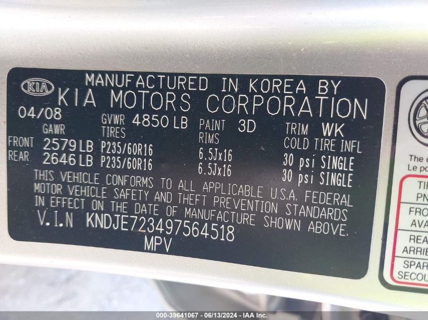 2009 Kia Sportage Lx V6 VIN: KNDJE723497564518 Lot: 39641067