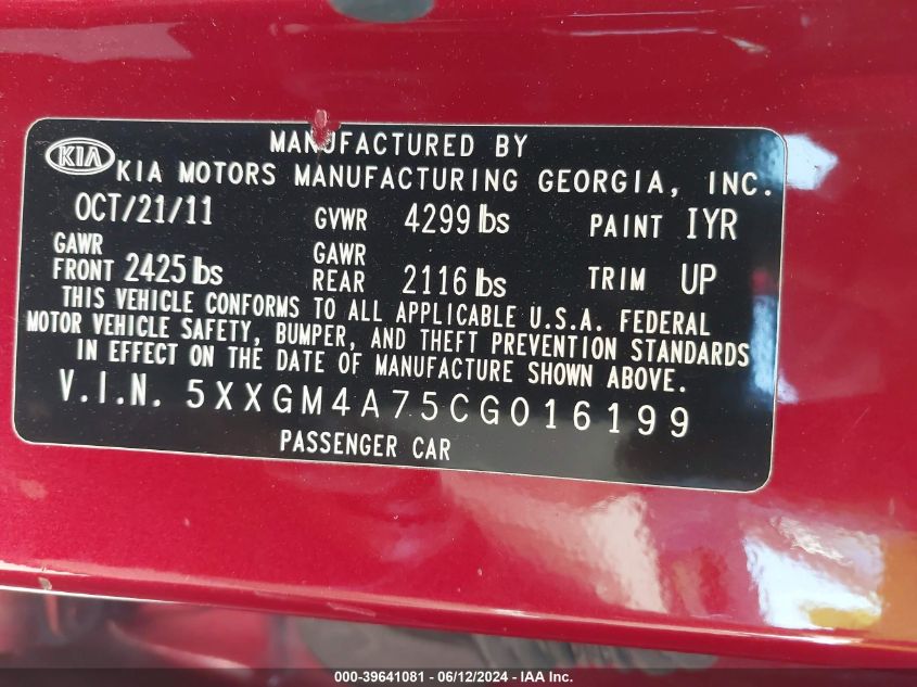 2012 Kia Optima Lx VIN: 5XXGM4A75CG016199 Lot: 39641081