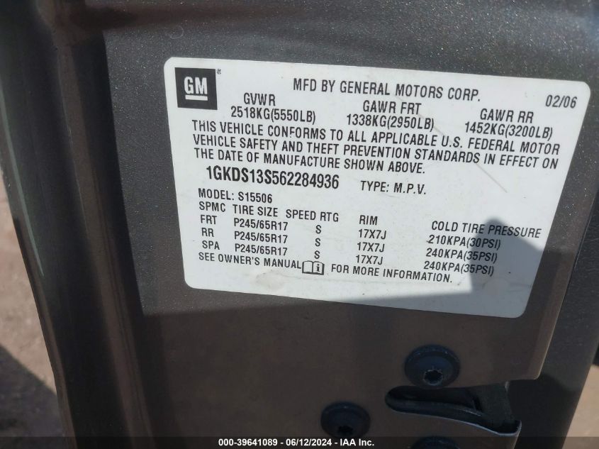 2006 GMC Envoy Sle VIN: 1GKDS13S562284936 Lot: 39641089