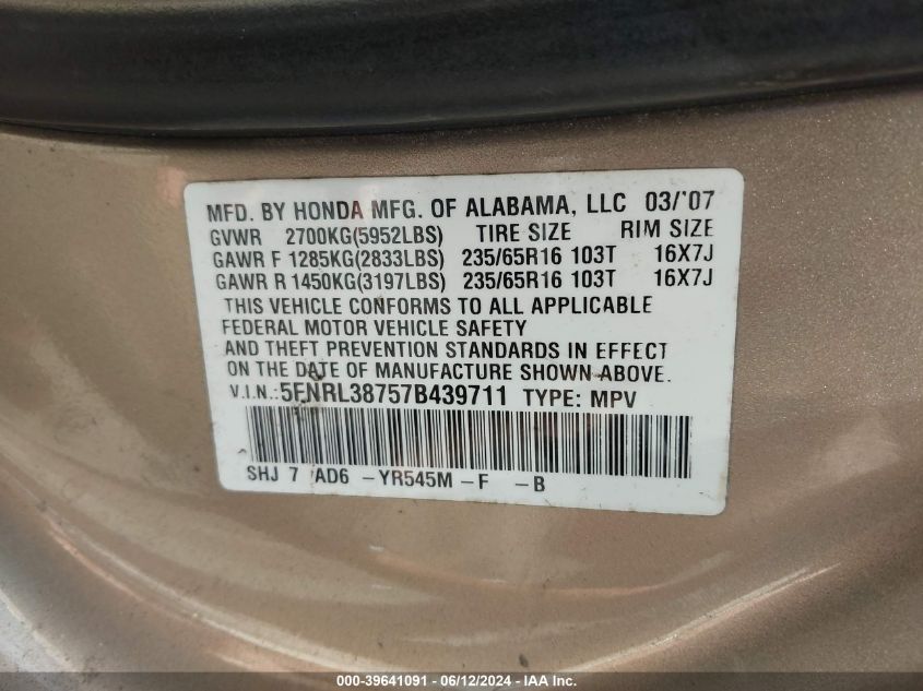 2007 Honda Odyssey Ex-L VIN: 5FNRL38757B439711 Lot: 39641091