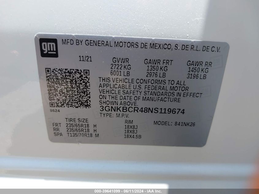 2022 Chevrolet Blazer Fwd 2Lt VIN: 3GNKBCR48NS119674 Lot: 39641099