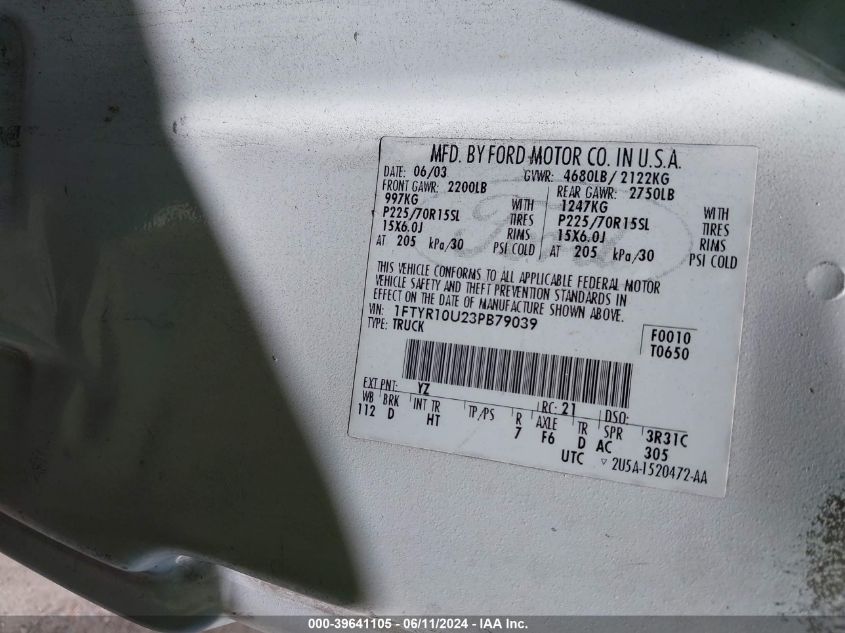 2003 Ford Ranger Edge/Xl/Xlt VIN: 1FTYR10U23PB79039 Lot: 39641105
