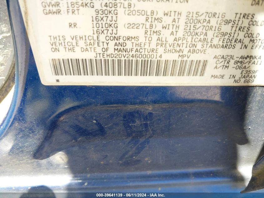 2004 Toyota Rav4 VIN: JTEHD20V246000014 Lot: 39641139