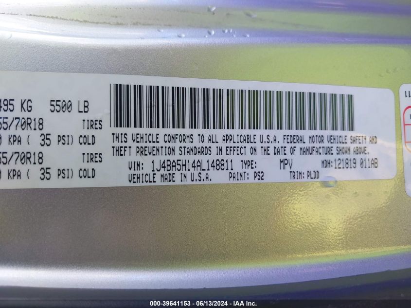 2010 Jeep Wrangler Unlimited Sahara VIN: 1J4BA5H14AL148811 Lot: 39641153