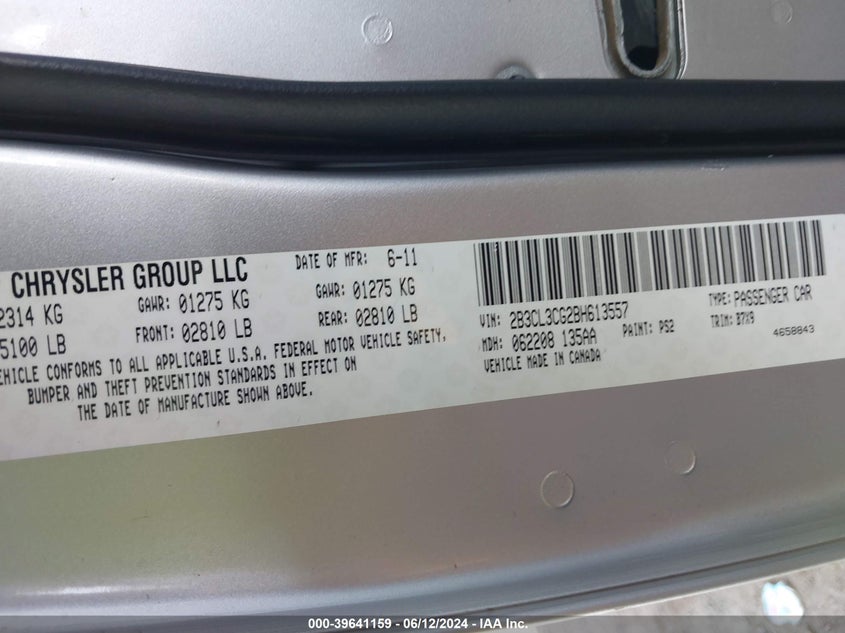 2011 Dodge Charger VIN: 2B3CL3CG2BH613557 Lot: 39641159