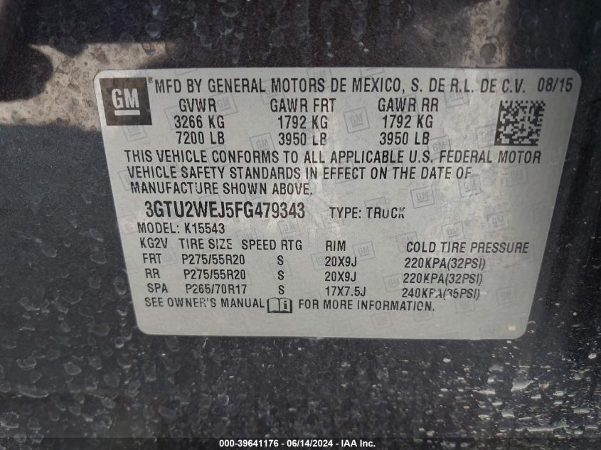 2015 GMC Sierra 1500 Denali VIN: 3GTU2WEJ5FG479343 Lot: 39641176