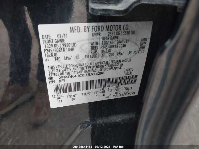 2011 Ford Edge Sel VIN: 2FMDK4JC0BBA74298 Lot: 39641181