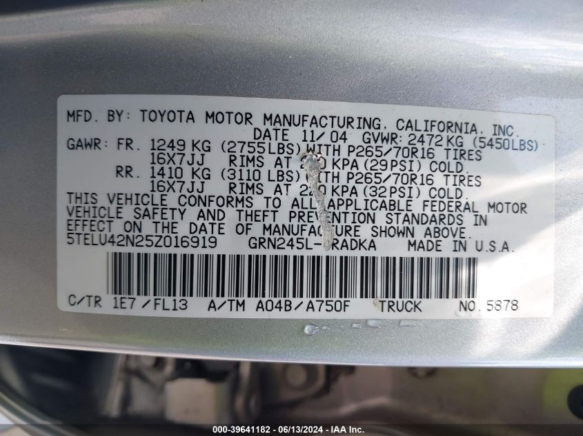 2005 Toyota Tacoma Base V6 VIN: 5TELU42N25Z016919 Lot: 39641182