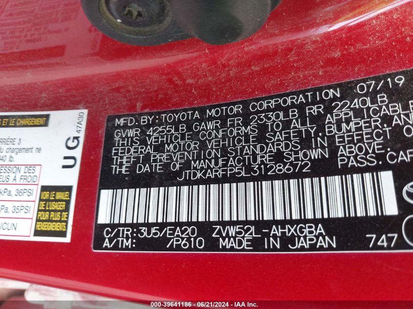 2020 Toyota Prius Prime Limited VIN: JTDKARFP5L3128672 Lot: 39641186